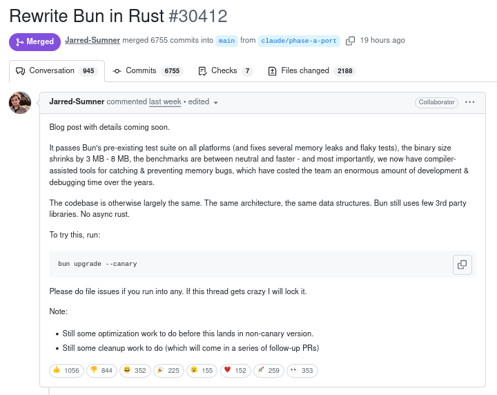 Эксперимент по переписыванию проекта Bun с Zig на Rust при помощи ИИ-ассистента Claude Code признали успешным
