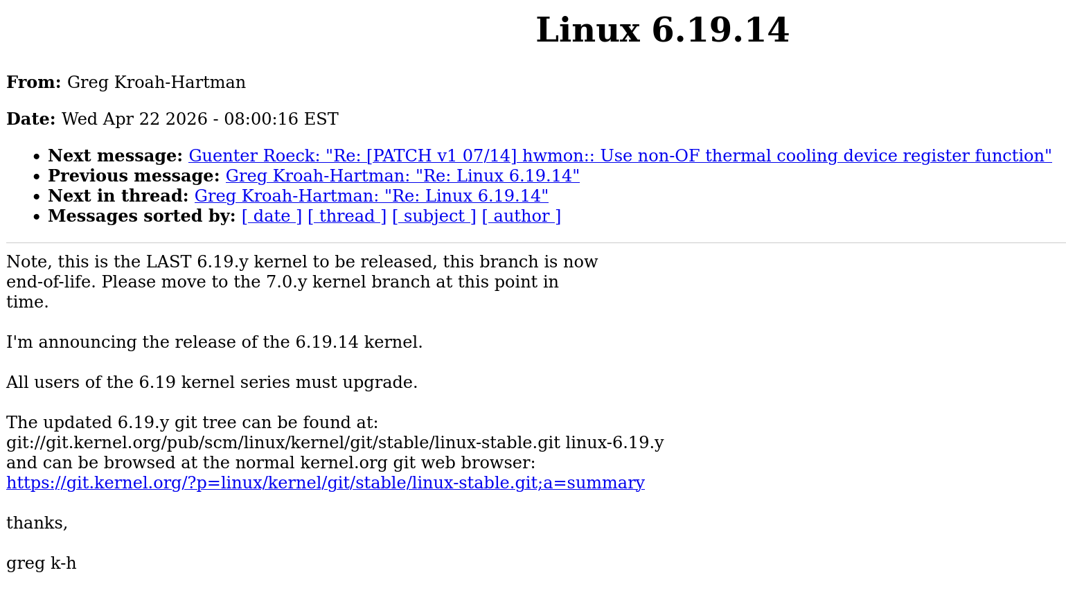 Дедлайн поддержки ядра Linux 6.18 истёк, всем рекомендуется перейти на движок Linux 7.0 или Linux 6.18 LTS