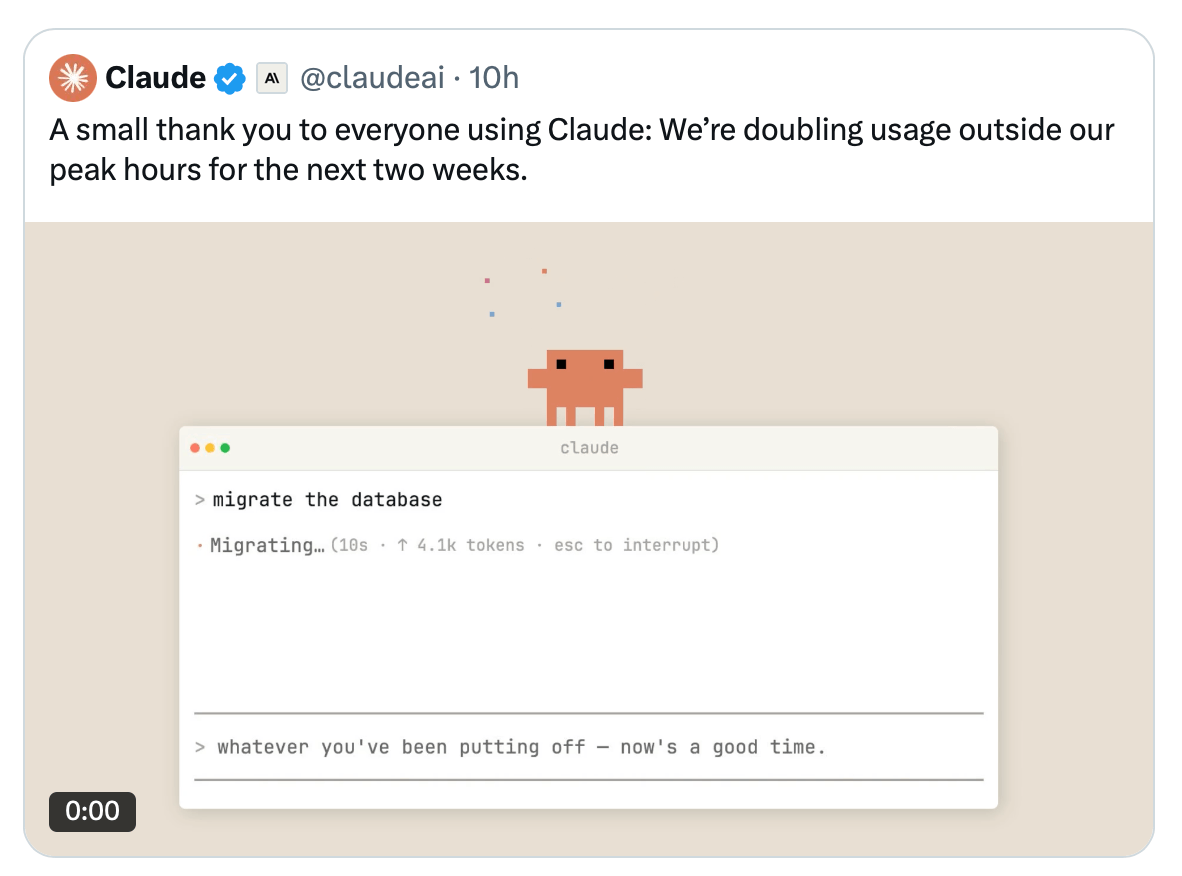 Claude удвоил лимиты на две недели — по МСК это почти весь рабочий день
