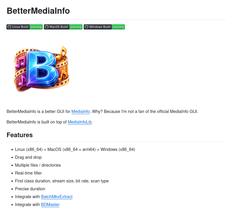 Версия BetterMediaInfo 1.1.0 — это графический оболочку для MediaInfo и анализа метаданных для аудио- и видеофайлов