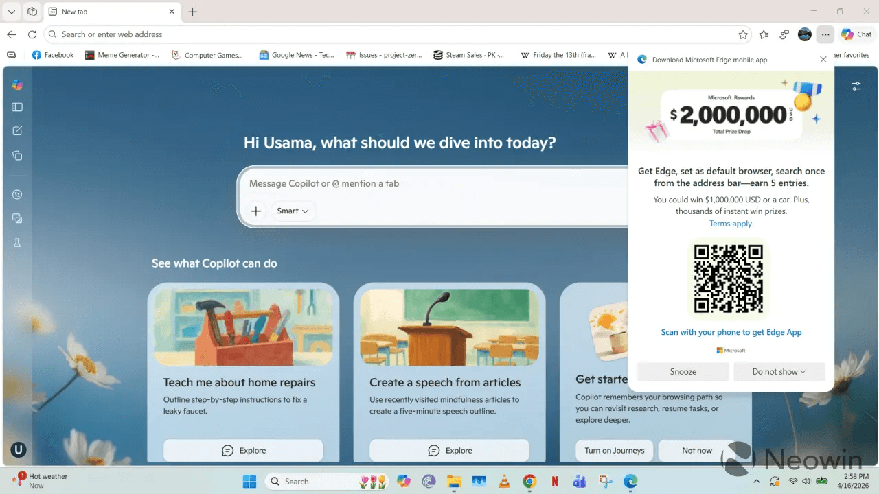 Microsoft предлагает шанс выиграть миллион долларов или автомобиль тем, кто перейдёт на Edge
