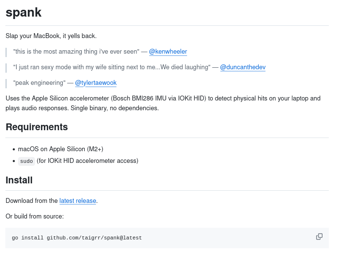 ППредставлен публике публичный инициатива на Go под названием spank, который превращает в звуки шлепки по корпусу MacBook М2 и выше