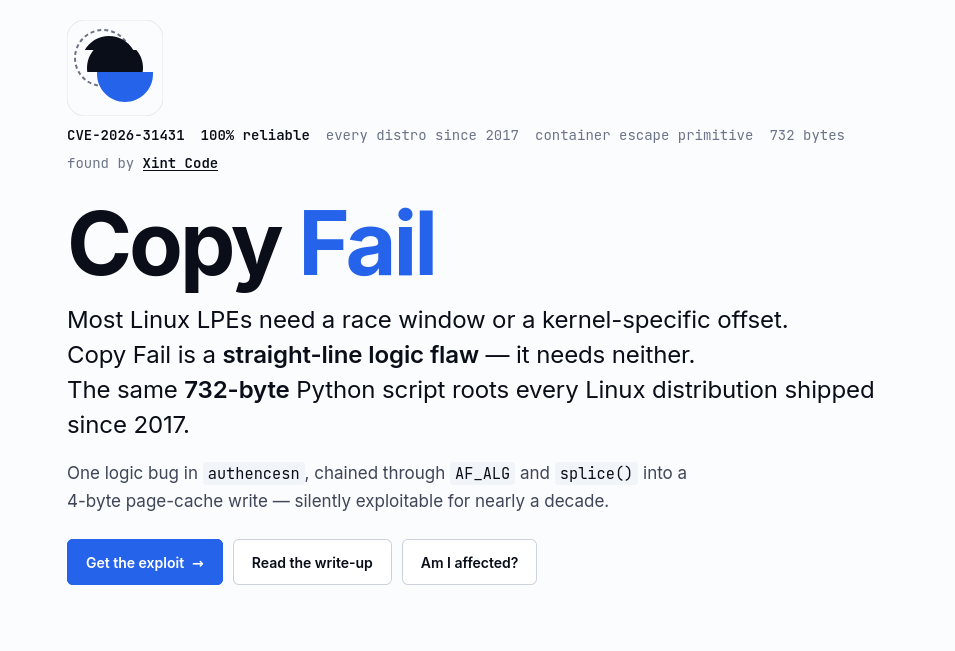Раскрыта LPE-уязвимость (10 строк кода на Python) Copy Fail в Linux — root на Linux в один клик
