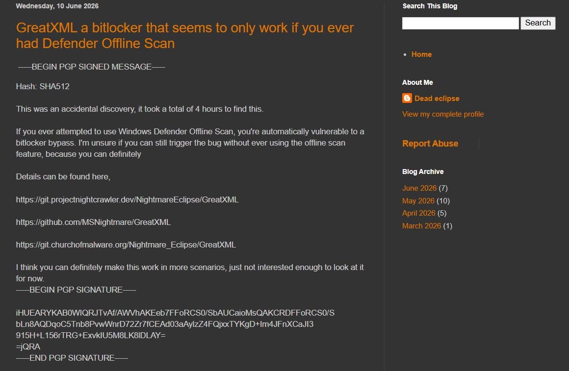 Nightmare Eclipse опубликовал новую уязвимость нулевого дня в Microsoft Defender