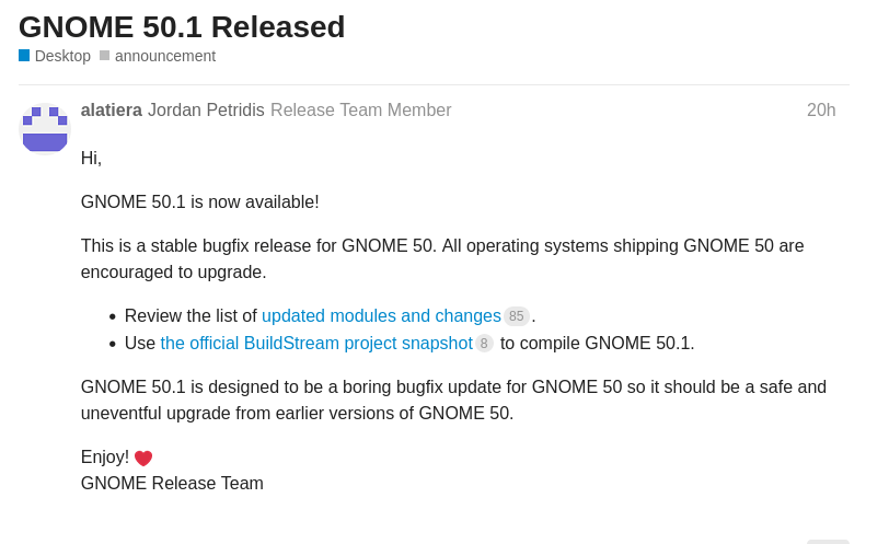 Версия обновления рабочего окружения GNOME 50.1