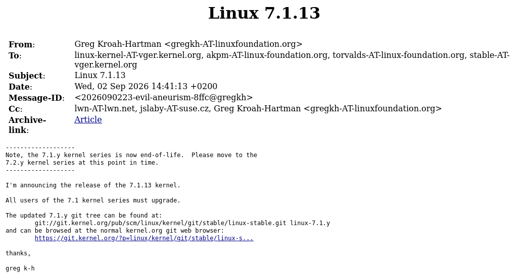 Дедлайн поддержки ядра Linux 7.1 истёк, всем рекомендуется перейти на движок Linux 7.2 или Linux 6.18 LTS