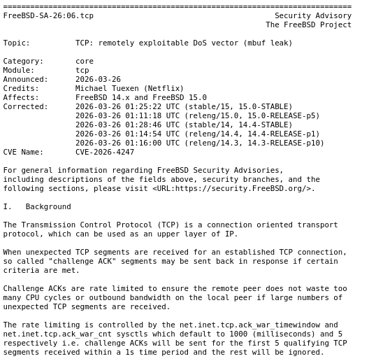 Раскрыты детали по уязвимости для удалённой DoS-атаки в FreeBSD через TCP