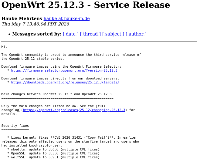 Версия версии OpenWrt 25.12.3 с патчем против уязвимости Copy Fail