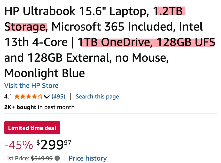 Продавцы на Amazon стали завышать объём хранилищ ноутбуков с Windows за счёт OneDrive