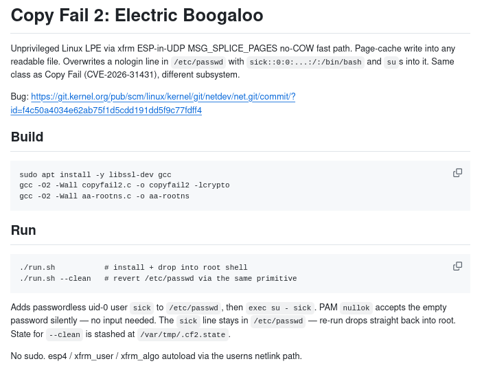 Раскрыты две LPE-узявимости в Linux: Copy Fail 2: Electric Boogaloo и Dirty Frag: Universal Linux LPE