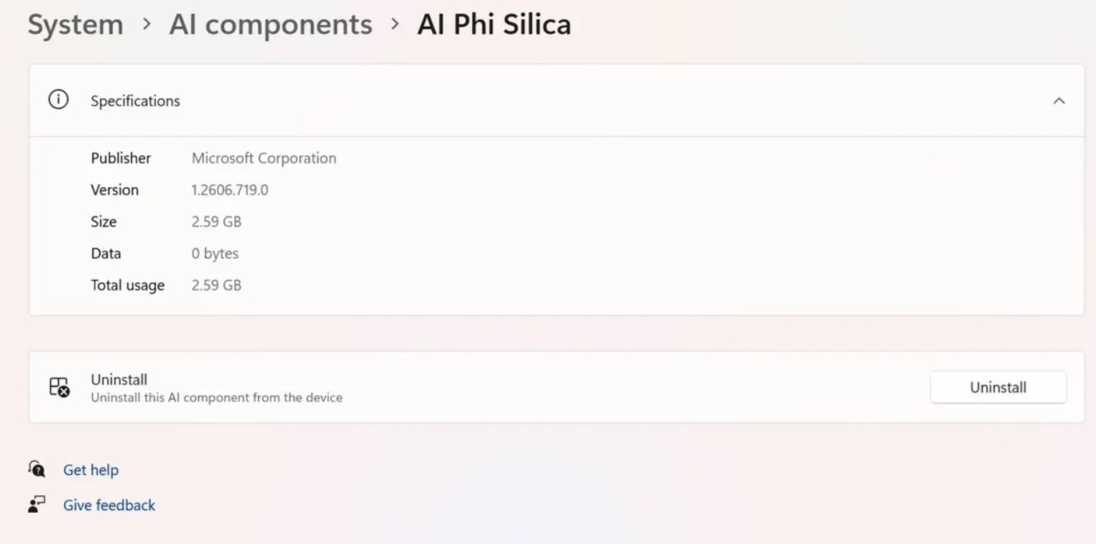 Microsoft позволит удалить ИИ-модель AI Phi Silica в Windows 11