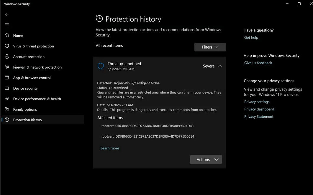 Microsoft Defender ошибочно помечает сертификаты DigiCert как троян