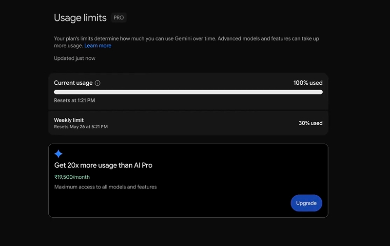 Потребитель Google Gemini исчерпал пятичасовой лимит токенов всего одним запросом