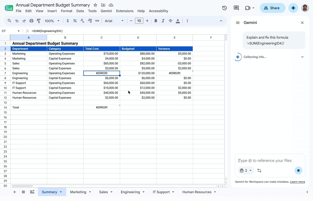 Gemini в Google Sheets будет отлаживать и исправлять ошибки в формулах