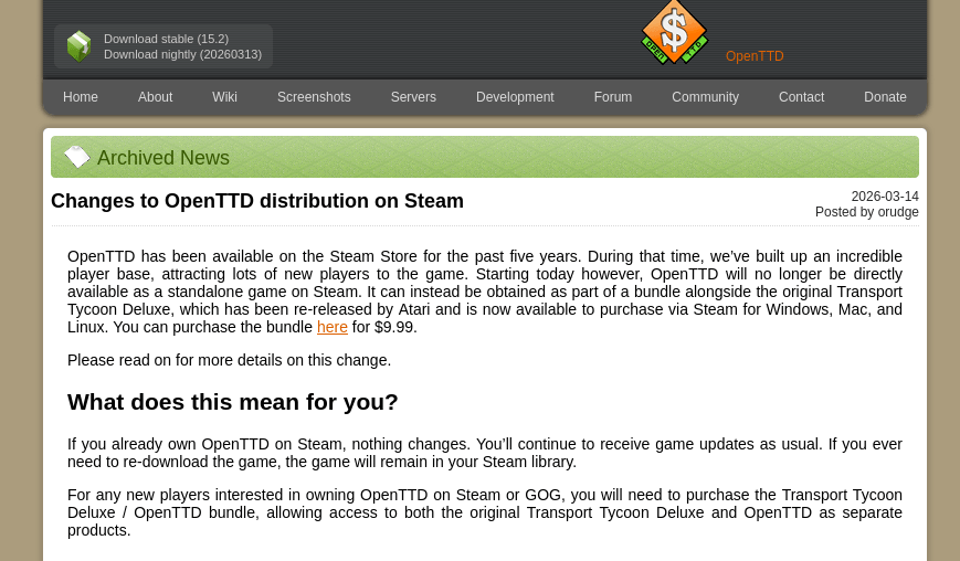 Авторы сообщили об изменении в распространении OpenTTD в Steam, где публичный инициатива теперь доступен только за $10