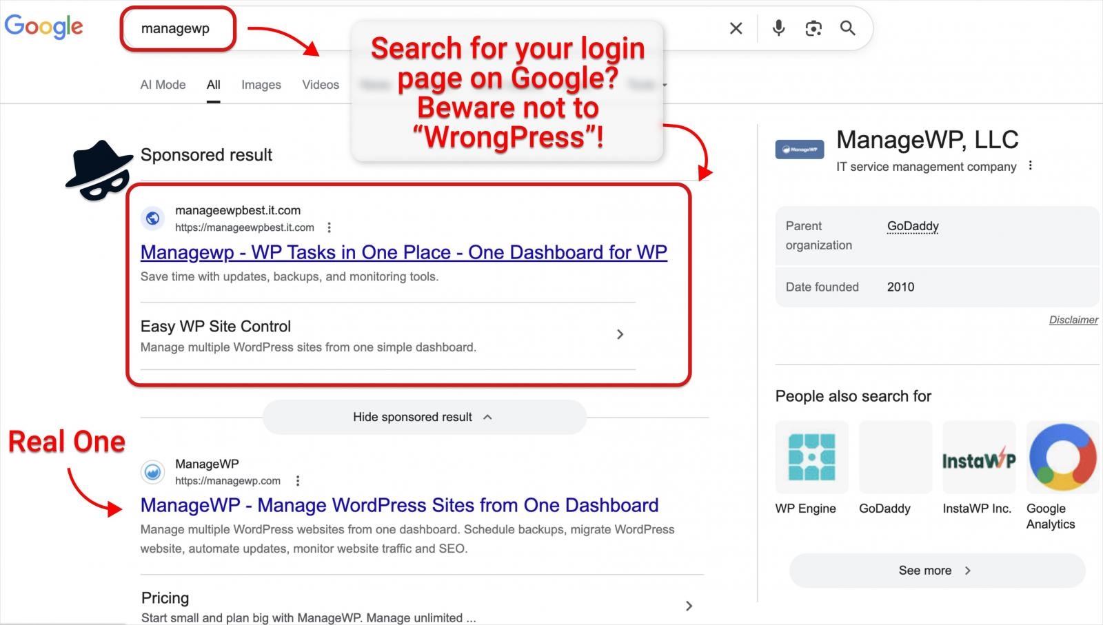 Фишинг в результатах поиска Google нацелен на кражу учётных данных ManageWP