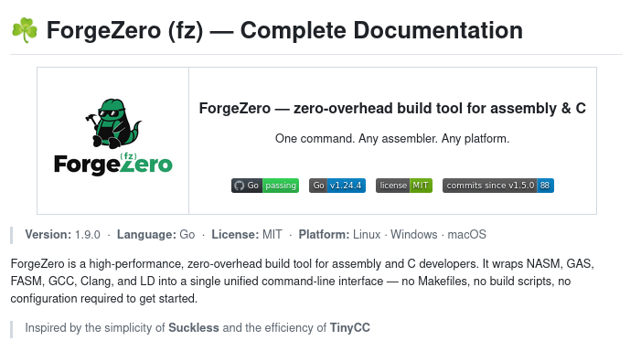 Вышло апдейт открытого проекта ForgeZero 1.9.0 — мультиплатформенного инструмента сборки для C и ассемблера