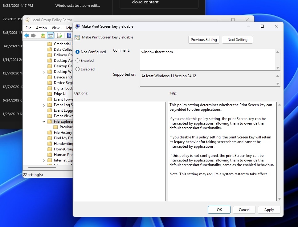 В Windows 11 появилась политика «Сделать доступной клавишу Print Screen»