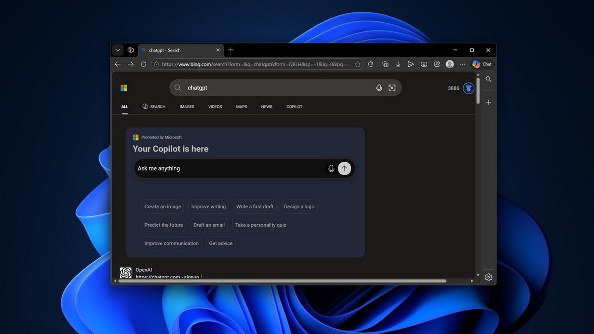 Microsoft начала продвигать Copilot в поисковике Bing при попытке найти ChatGPT