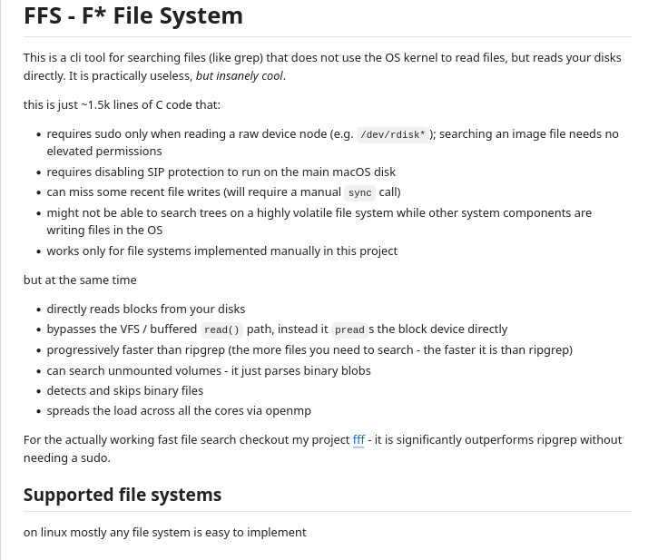 Представлен публике CLI-инструмент FFS — F* File System для поиска файлов, который читает информация непосредственно с дисков