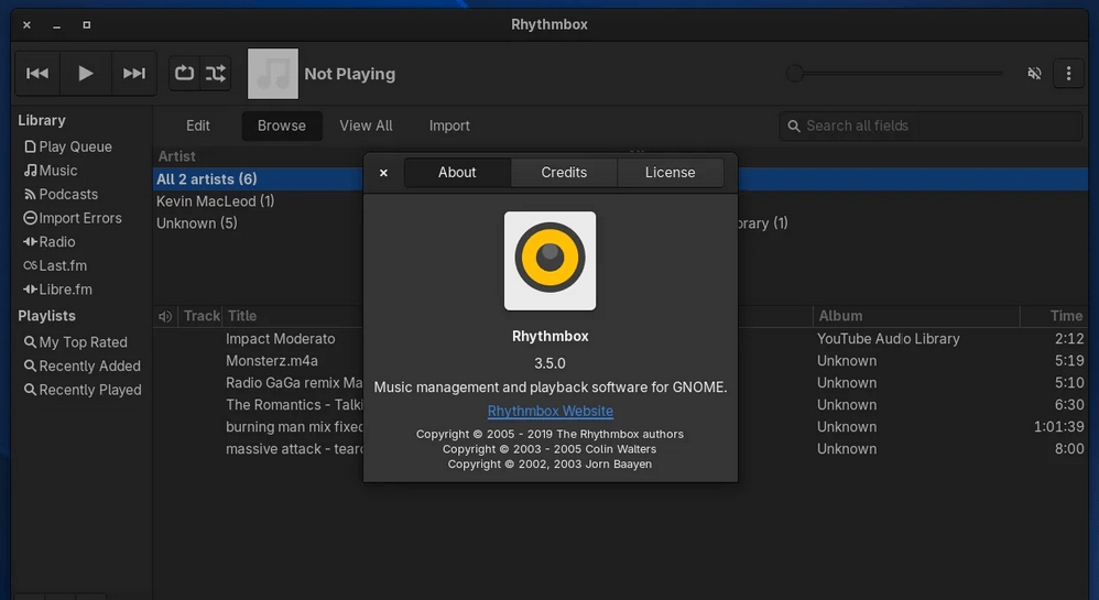 Версия музыкального проигрывателя Rhythmbox 3.5