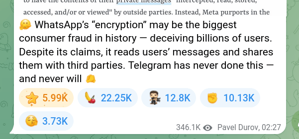 Дуров: «шифрование» WhatsApp** может быть крупнейшим в истории случаем обмана, вводящим в заблуждение пользователей