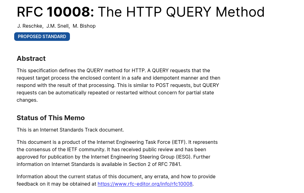 Инженерный комитет IETF выдал HTTP-методу QUERY статус «Предложенного стандарта» и опубликовал спецификацию RFC 10008