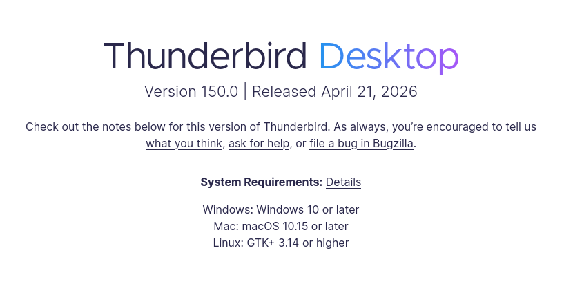 Версия Mozilla Thunderbird 150.0