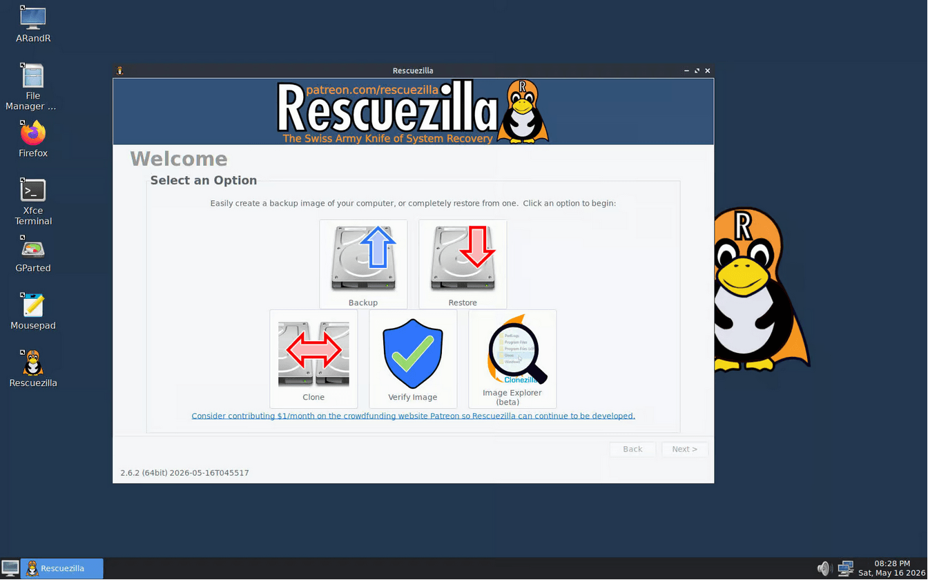 Выпуск решения Rescuezilla 2.6.2 для клонирования и создания образов дисков, полностью совместимого с Clonezilla