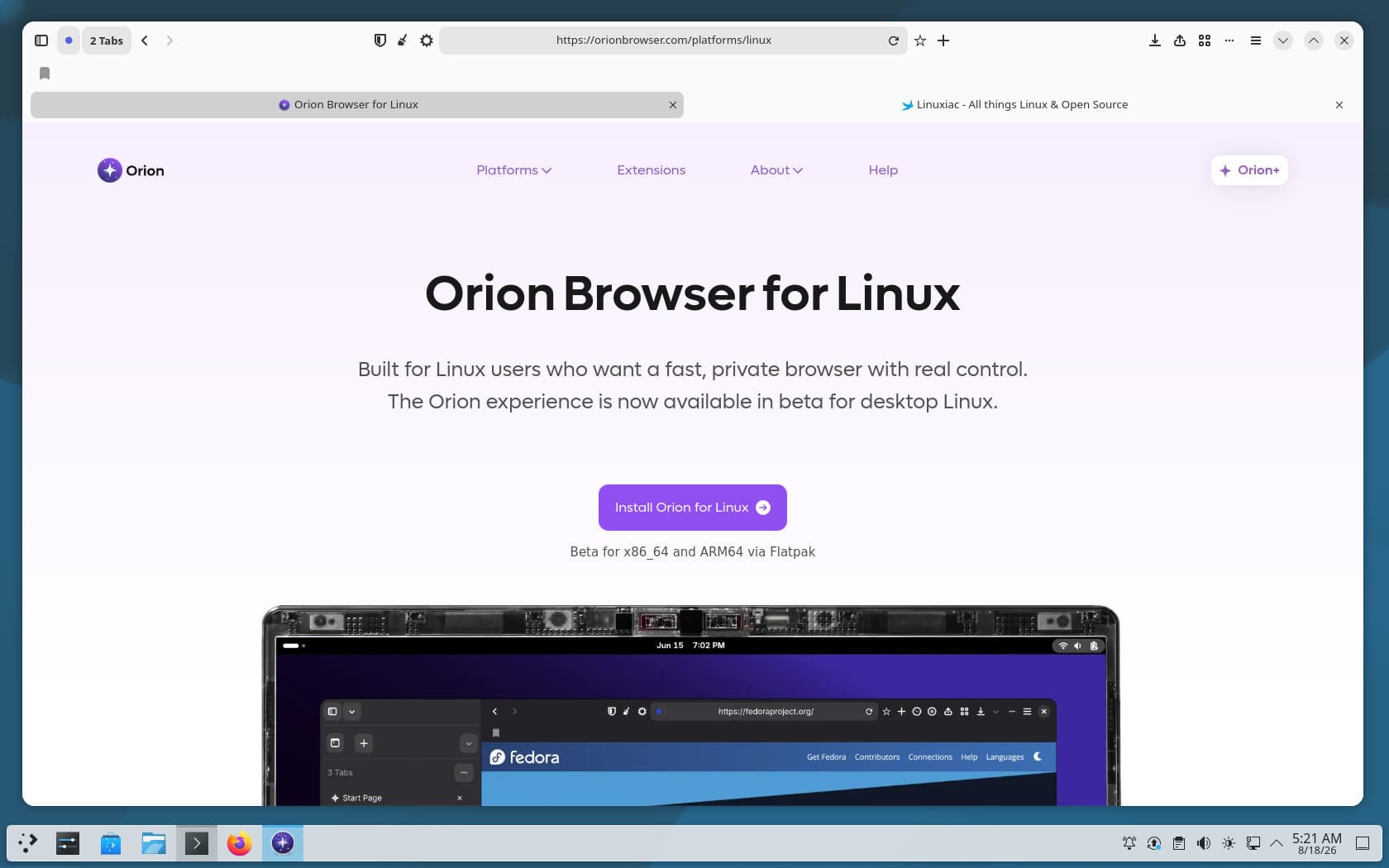 Вышла бета‑версия браузера Orion для Linux на WebKit без телеметрии, трекеров, рекламы и с настройками приватности