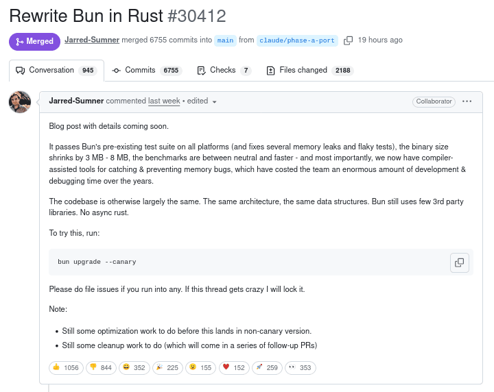 Эксперимент по переписыванию проекта Bun с Zig на Rust при помощи ИИ-ассистента Claude Code признали успешным