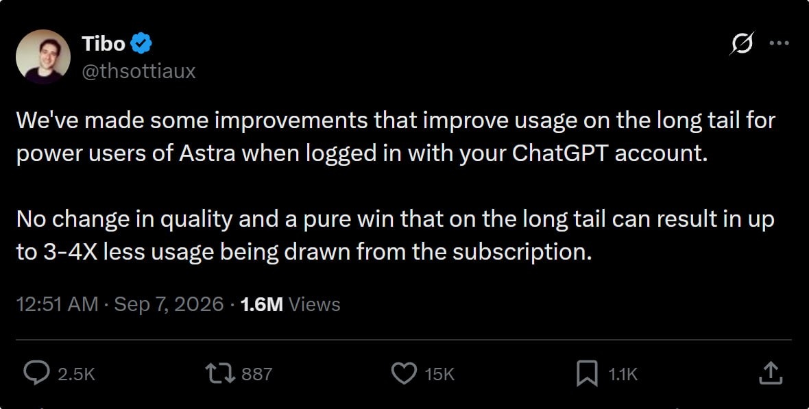 OpenAI сократила расход квоты при работе с Astra и сбросила лимиты