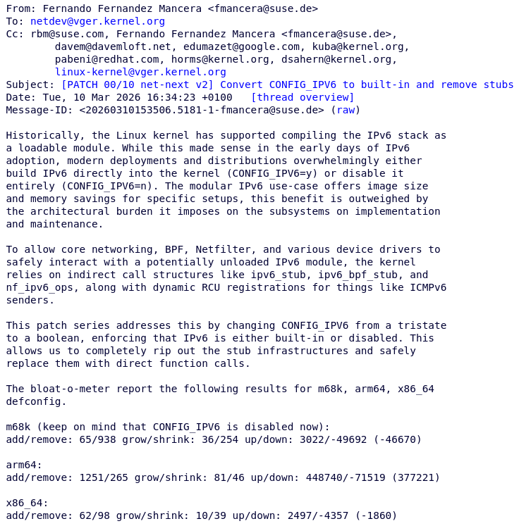 В Linux предложены патчи, убирающие функция сборки IPv6 в форме модуля ядра