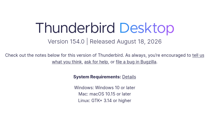 Версия Mozilla Thunderbird 154.0