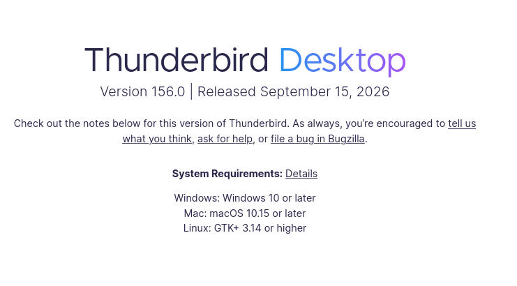 Выпуск Mozilla Thunderbird 156.0, где для сервисов «Яндекса» включён процедура входа через внешний браузер