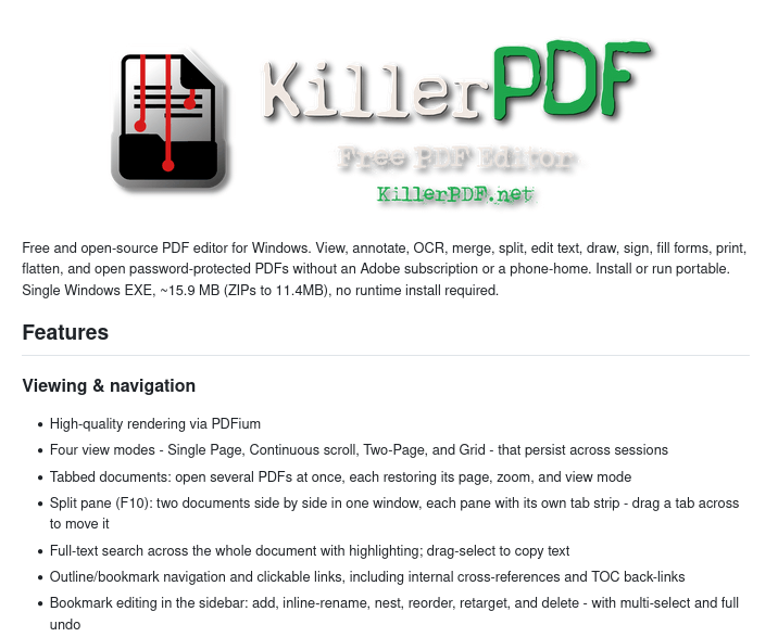 Апдейт проекта KillerPDF 1.7.0 — редактора PDF с открытым исходным кодом для Windows 10/11