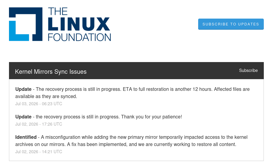 В IT Linux Foundation четверо суток восстанавливали на ресурсе kernel.org зеркала архивов с кодом ядра Linux