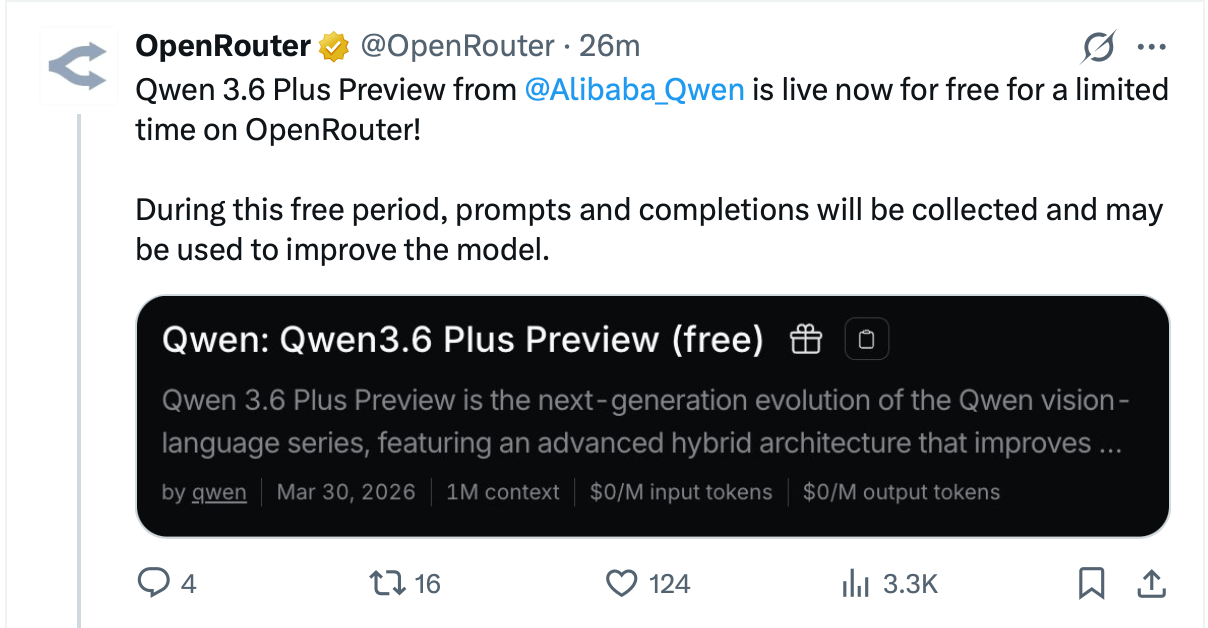 Qwen3.6 Plus Preview появился на OpenRouter бесплатно