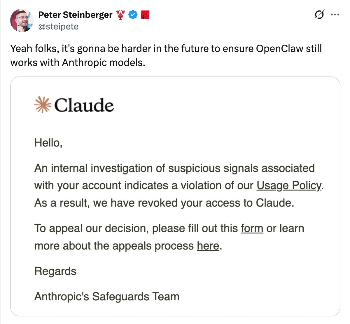 Anthropic заблокировал создателя OpenClaw — он работает в OpenAI и тестировал совместимость