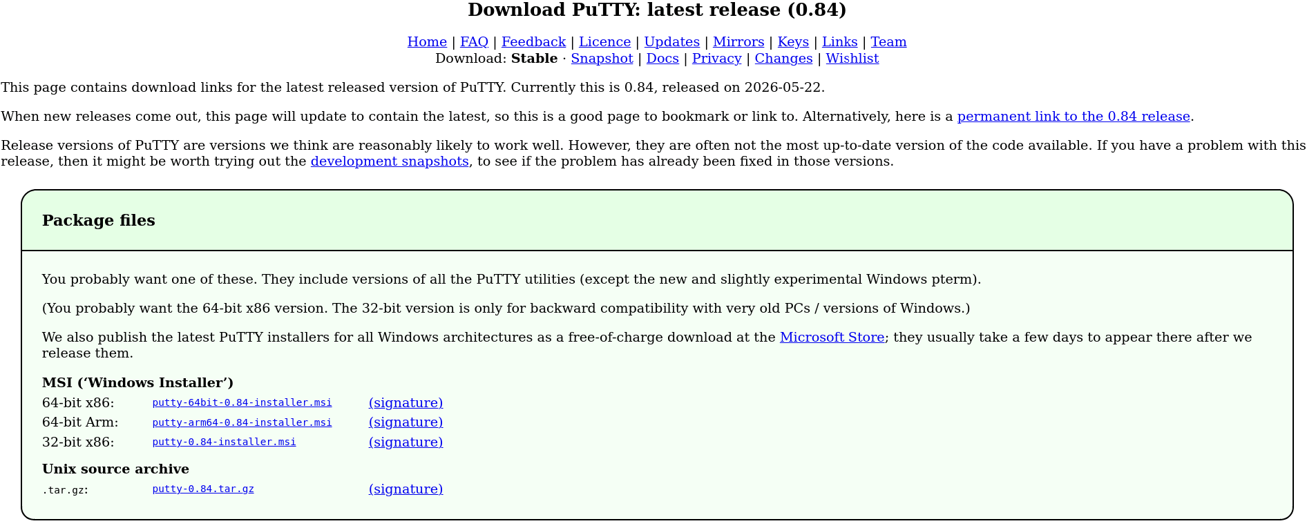 Выпуск SSH-клиента PuTTY 0.84