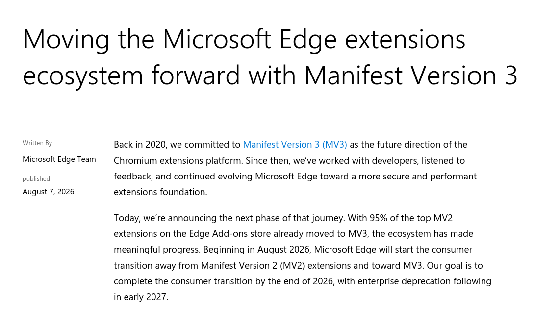 Microsoft прекратит поддержку расширений Manifest V2 в браузере Edge