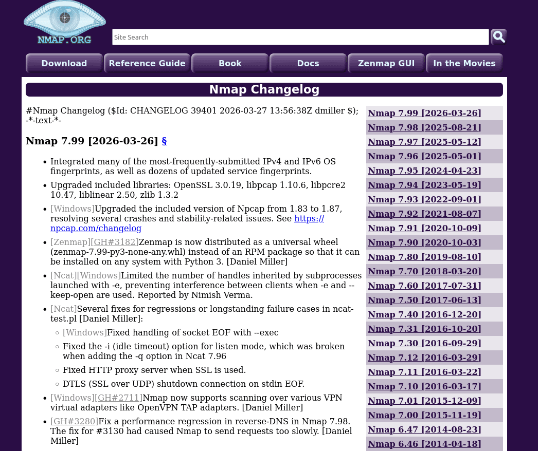 Версия сканера веб безопасности Nmap 7.99 (Network Mapper)