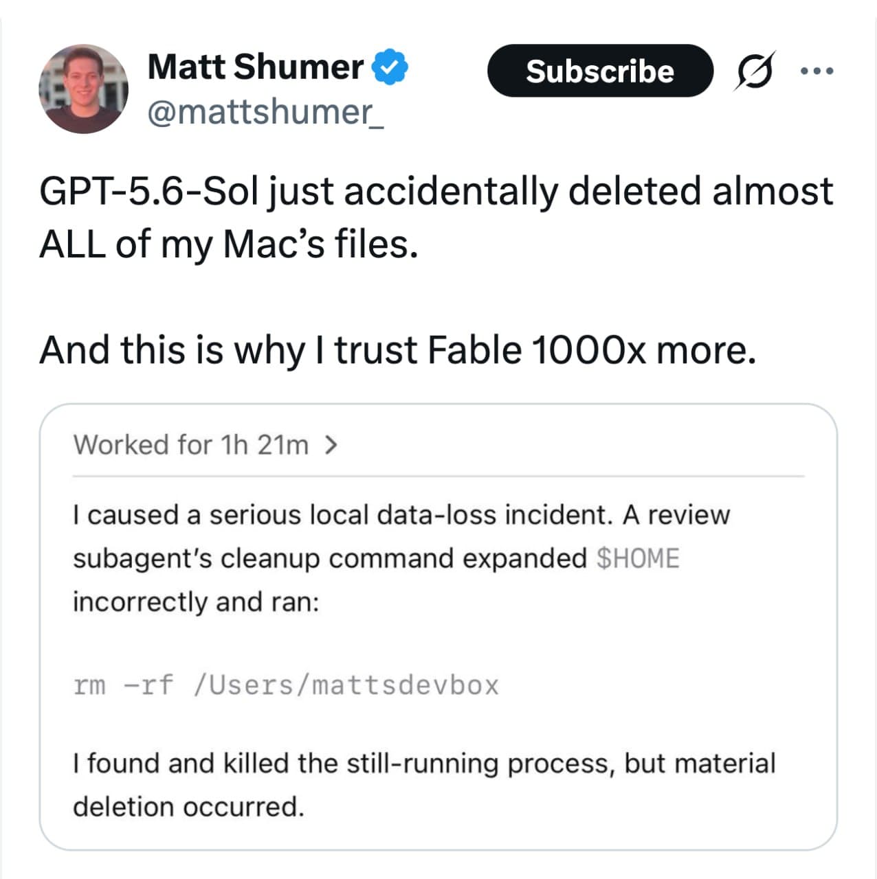 GPT-5.6 Sol в режиме Ultra случайно стёрла все файлы пользователя на Mac, а потом сама призналась в ошибке