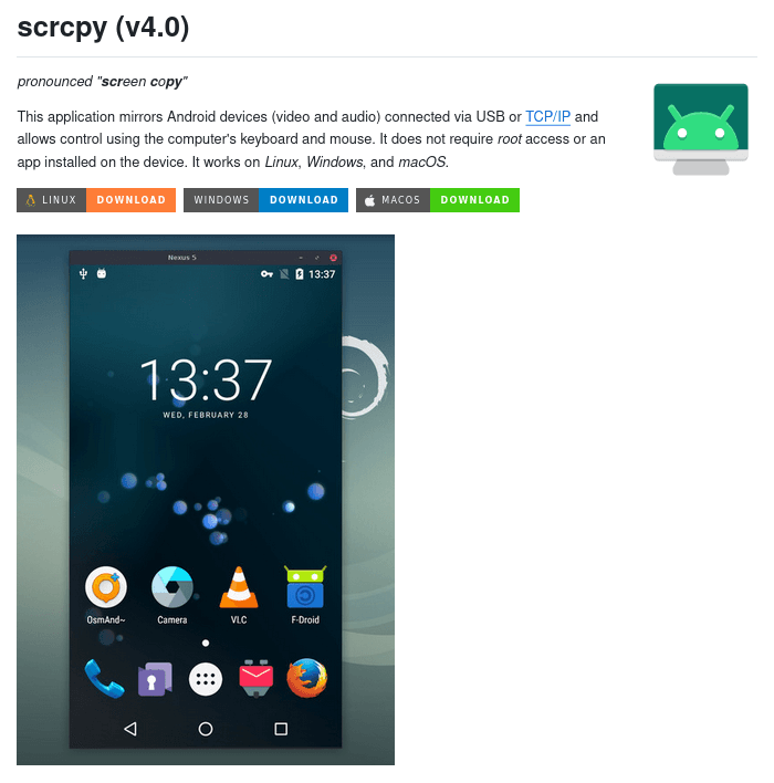 Версия открытого проекта Scrcpy 4.0, который умеет отзеркалить содержимое экрана смартфона для удалённой работы