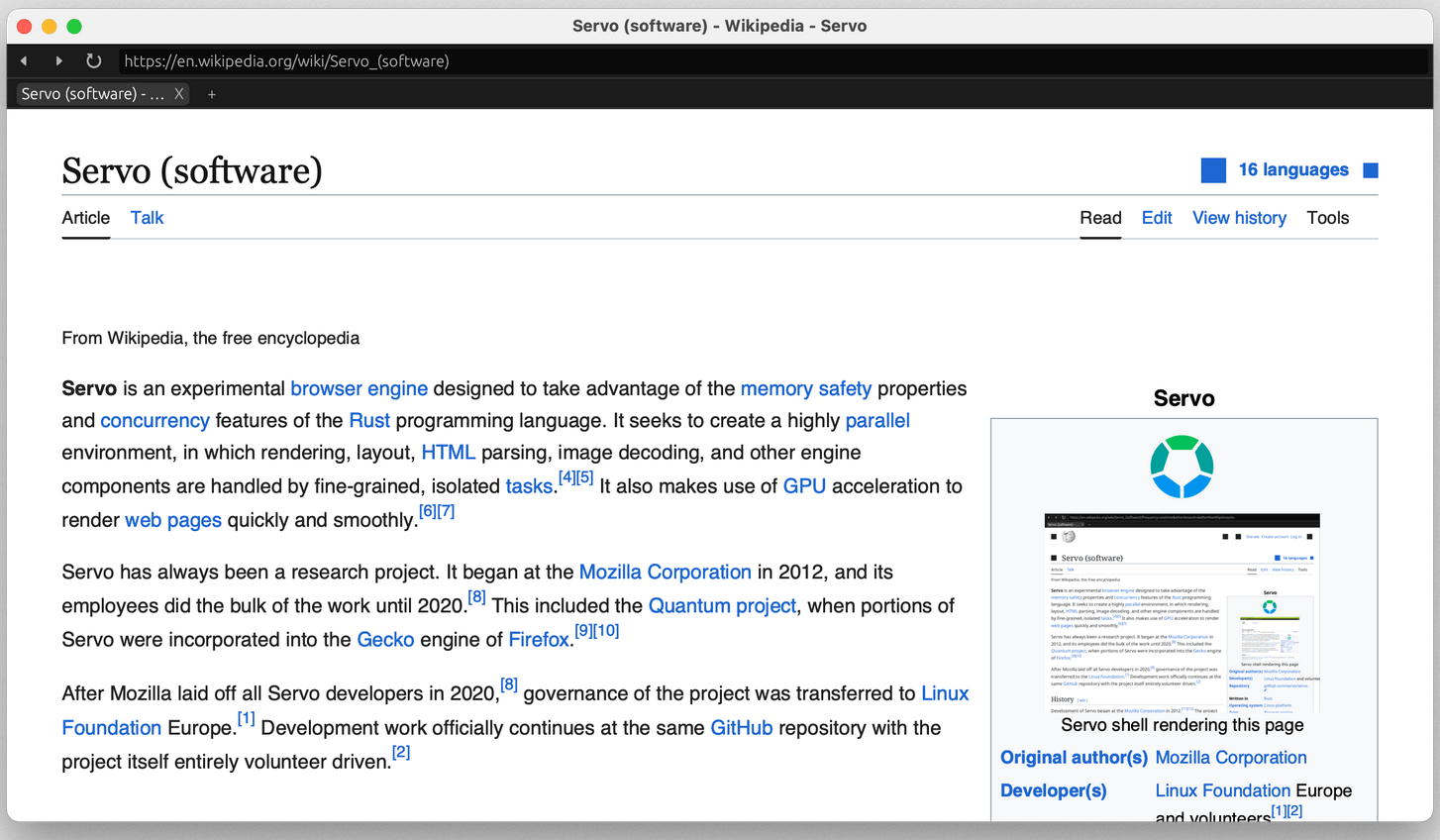 Представлен публике версия браузерного движка Servo 0.1.0, написанного на Rust