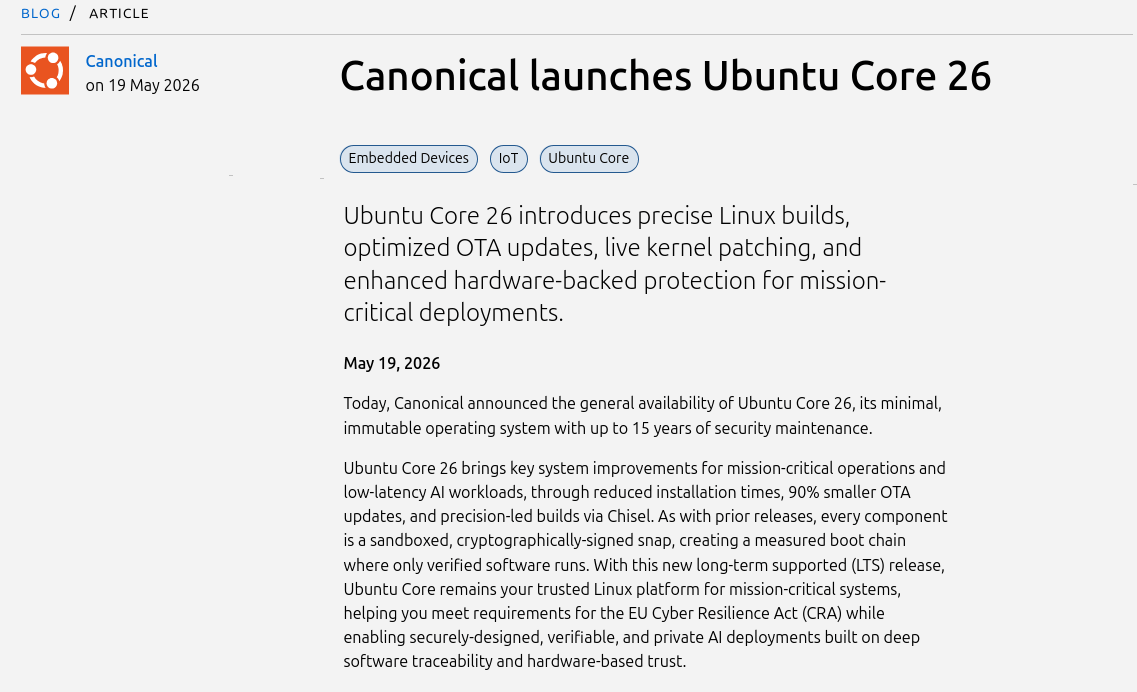 Canonical представила выпуск Ubuntu Core 26